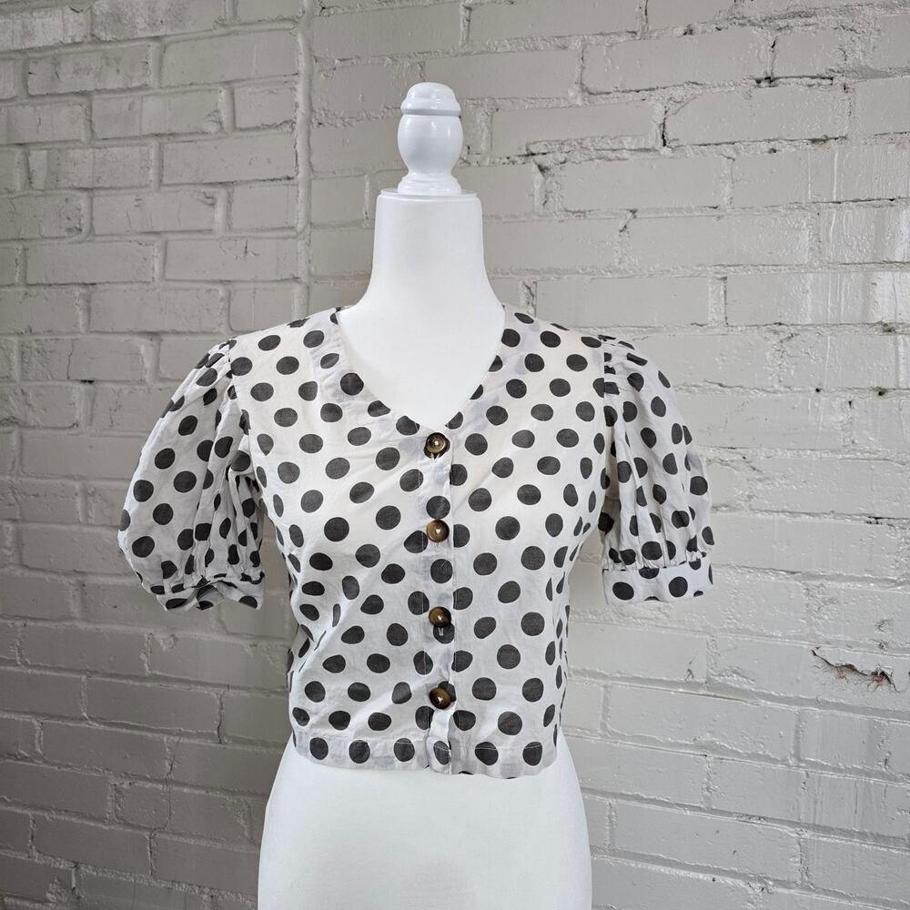 Bombay Paisley Cottagecore Short-sleeve Cream Button-up Top w/ Playful Polka Dot